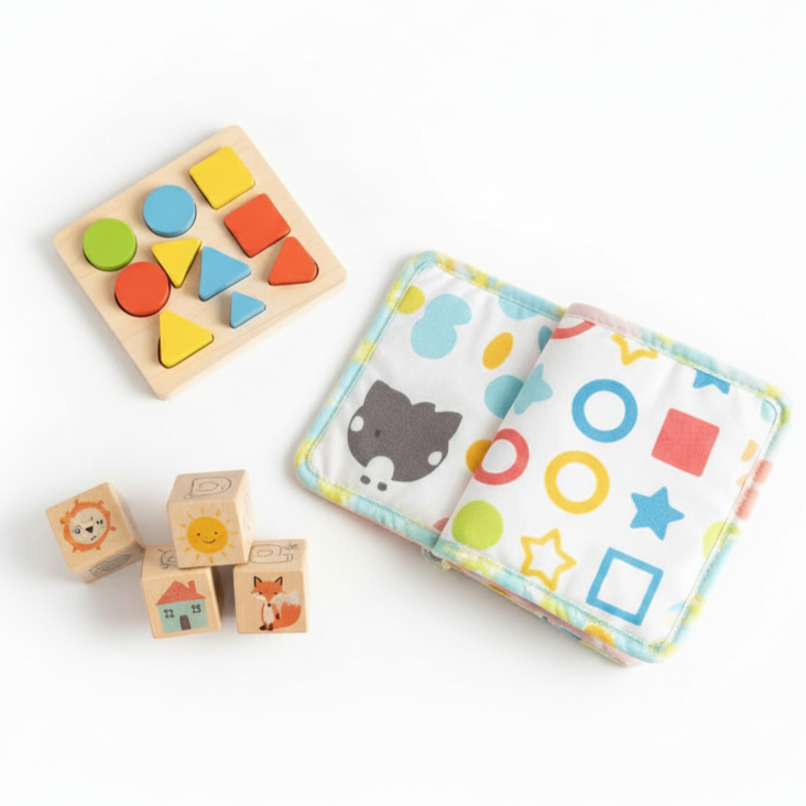 Wooden story blocks, fabric book and travel puzzle for calm screen-free bedtime and on-the-go play