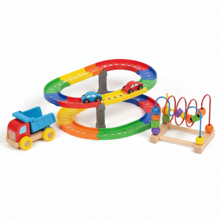 Car race track, wooden truck and bead maze toys for screen-free kids play