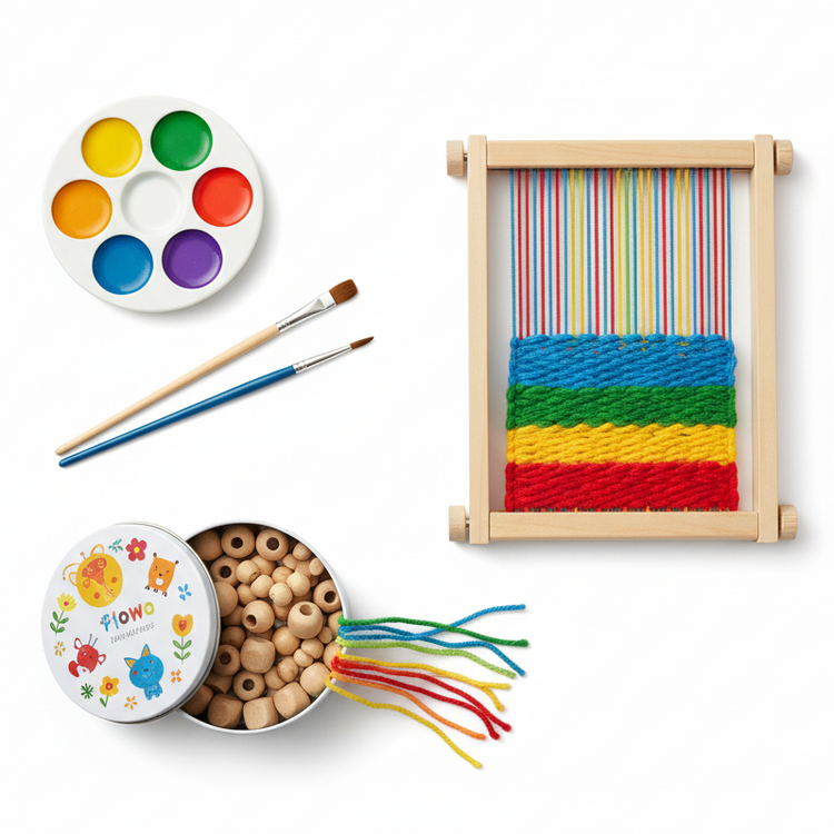 Non-toxic paint palette, weaving loom with yarn and bead craft kit for hands-on unplugged art play
