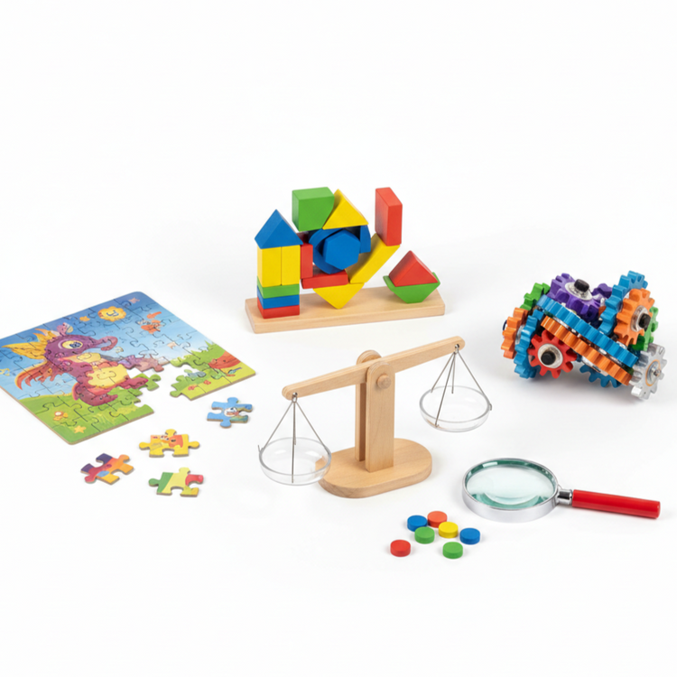 Jigsaw puzzle, pattern blocks, gear brain teaser and STEM balance scale for screen-free logic play