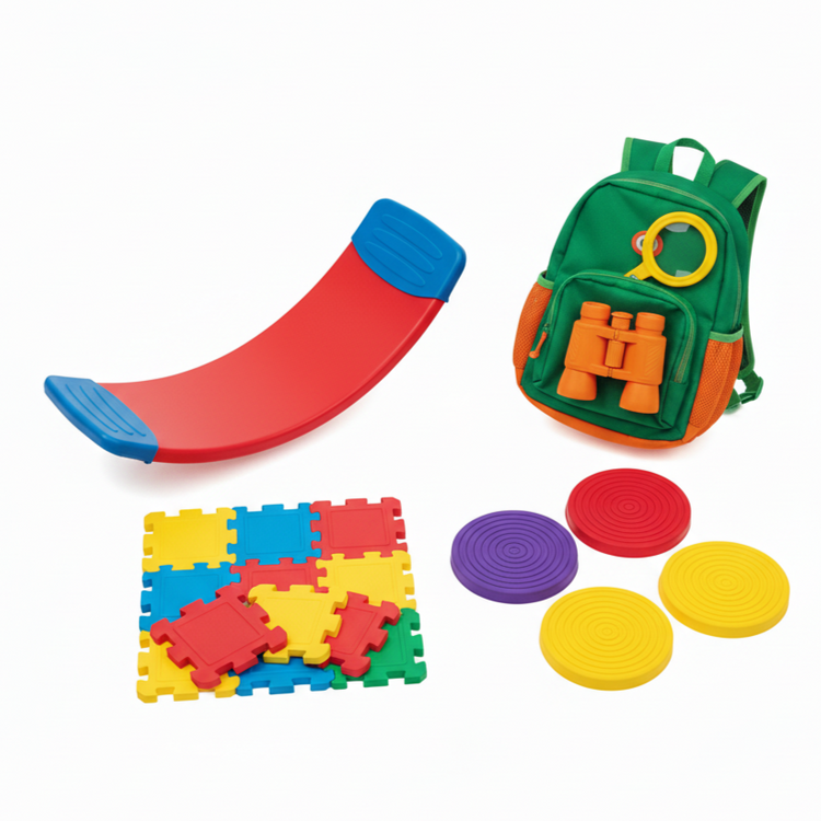 Wooden balance board, outdoor explorer kit, stepping stones and hopscotch tiles for active screen-free kids play