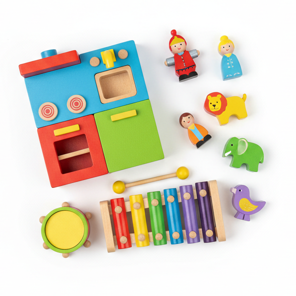 Wooden play kitchen, figurines, xylophone and drum for imaginative screen-free pretend play in kids