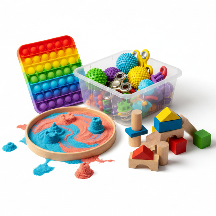 Kinetic sand, wooden blocks, sensory kit and pop-it toy for calm focused screen-free sensory play