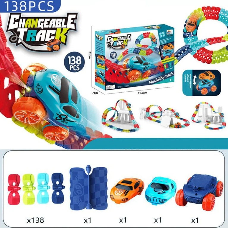 Changeable Track Race Car Set box contents — 138 flexible track pieces, bridge ramp, 2 toy cars, and spinner connector