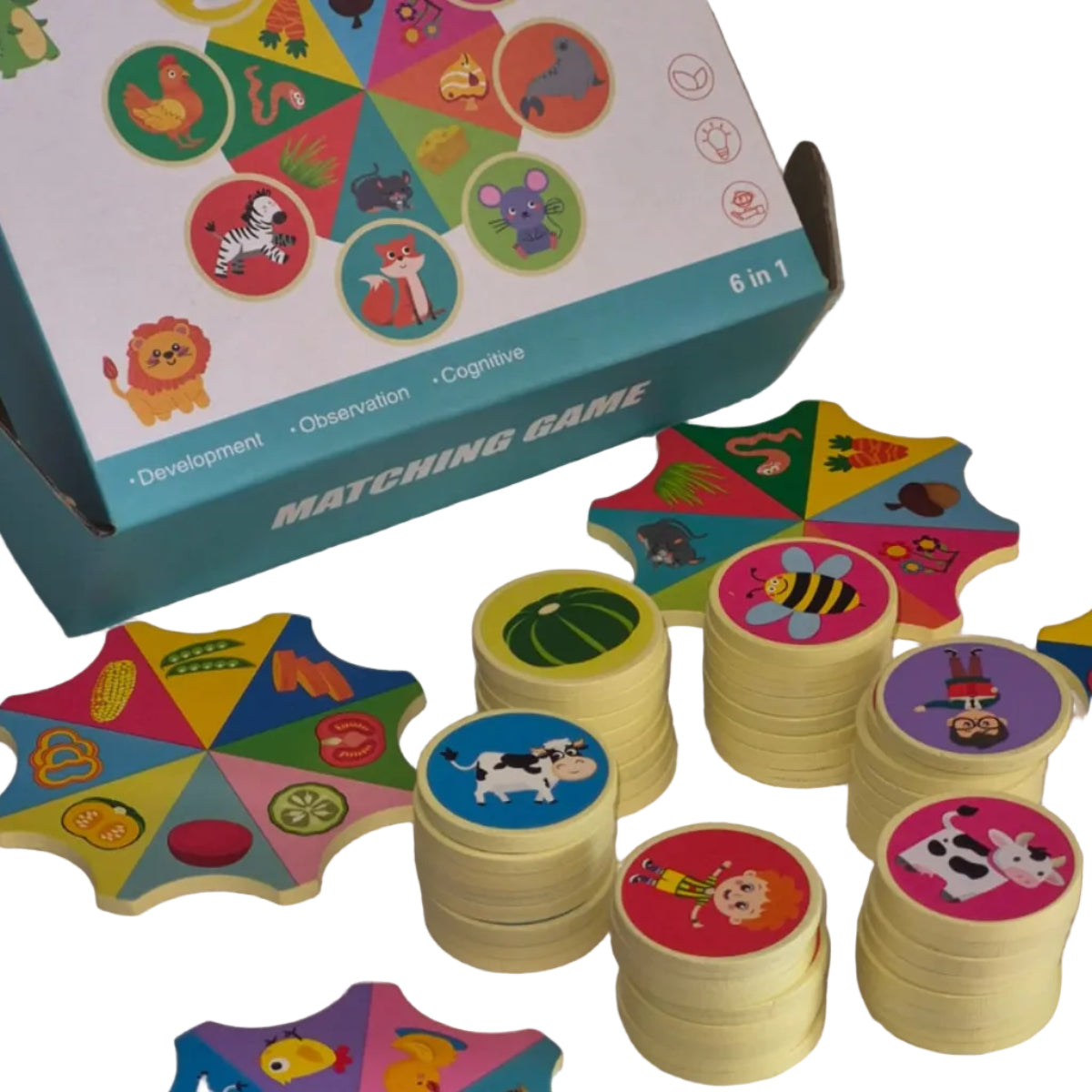 Matching game contents with colorful wooden pieces