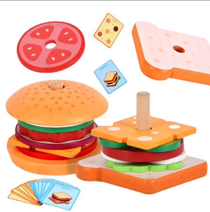 Wooden hamburger and sandwich stacking toy sets with order cards, ages 3+