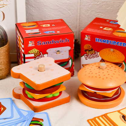 Double-sided order cards for wooden stacking food toy sequencing game