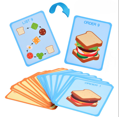 Wooden hamburger and sandwich stacking toys assembled with order cards