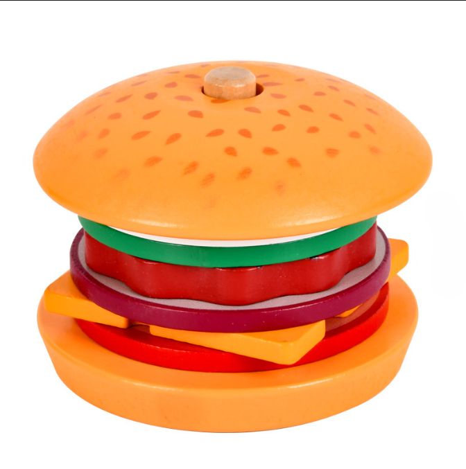 Wooden hamburger stacking toy assembled, screen-free play for kids ages 3+