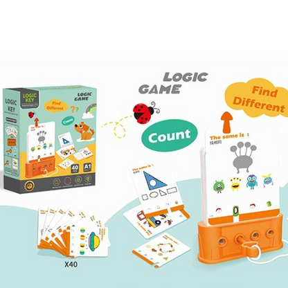 Logic Key Stage A1 gameplay showing card display stand with counting and matching cards