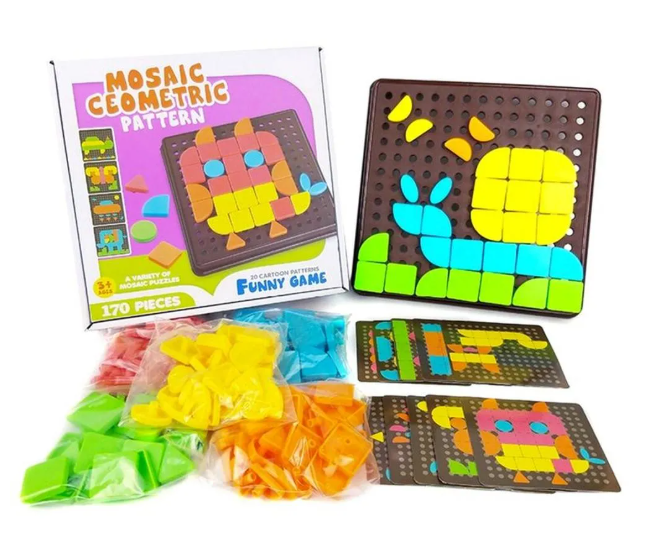 Mosaic Geometric Pattern Game full set — pegboard, 170 colorful geometric pieces in bags, and pattern cards