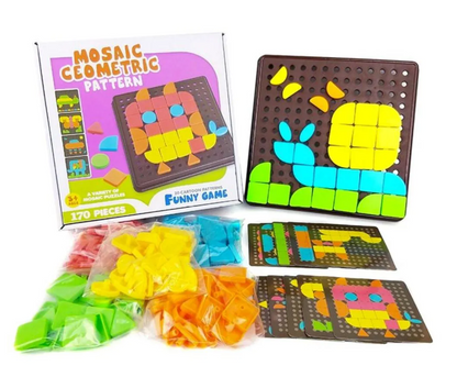 Mosaic Geometric Pattern Game full set — pegboard, 170 colorful geometric pieces in bags, and pattern cards