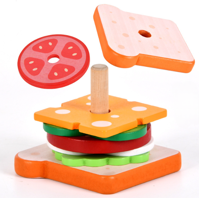 Wooden sandwich stacking toy with colorful layered pieces, ages 3+