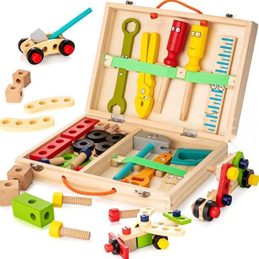 Simulation Toolbox box front — 36-piece wooden builder kit, Toolbox Series, ages 36 months+