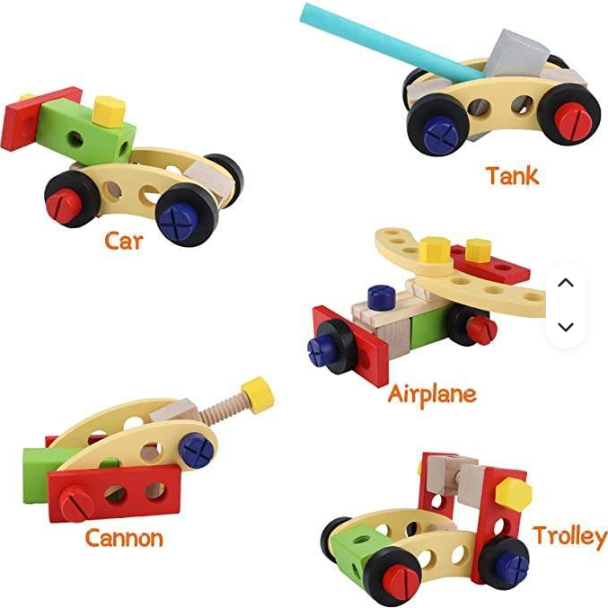 5 buildable models from Simulation Toolbox kit — Car, Tank, Airplane, Cannon, and Trolley assembled from wooden pieces