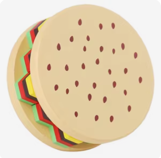 Wisdom Hamburg wooden burger stacking puzzle fully assembled, top view, ages 36M+