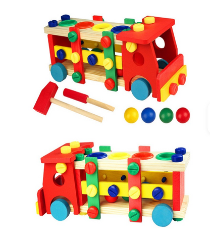 Wooden Knock-Down Toy Car assembled — colorful plywood truck with peg pieces and hammer tool
