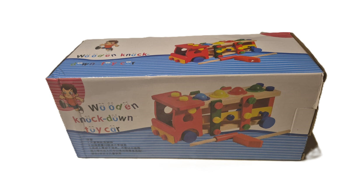 Wooden Knock-Down Toy Car box front — 2-in-1 build and hammer set, colorful wooden truck